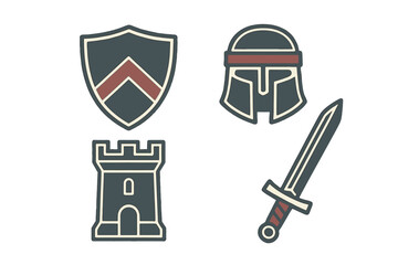 Stylized medieval battle gear and fortress icons including a shield, knight helmet, sword, and castle tower for historical or fantasy themes