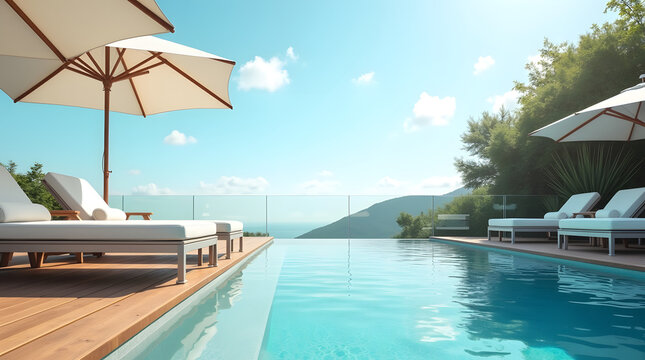 A luxury poolside setup with white lounge chairs, umbrellas, and a glass table, overlooking a blue swimming pool.