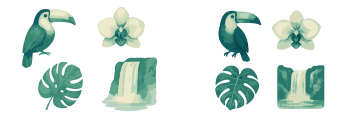 Set of watercolor style tropical elements including toucans, delicate orchids, large monstera leaves, and natural waterfalls