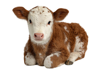 Adorable brown and white calf lying down isolated on transparent background, showcasing its fluffy fur and innocent face