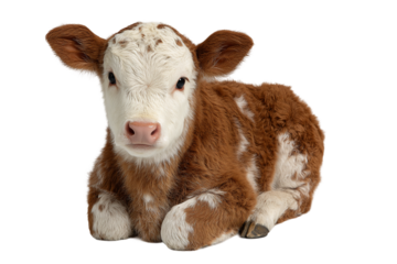 Adorable brown and white calf lying down isolated on transparent background, showcasing its fluffy fur and innocent face