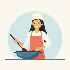 Enthusiastic Young Woman Cooking with Joy A Flat Vector Illustration