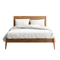 Luxurious Modern Wooden Double Bed with White Bedding Isolated on White Background