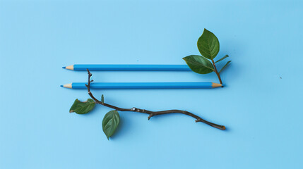 Organizer pencils twig of house plant on blue tabletop background. Creative minimalist flat lay knolling. Freelance small local business blogging social media concept