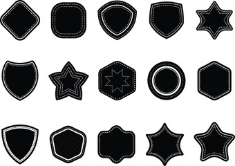 Variety of decorative emblem shapes with stitched borders in black and white