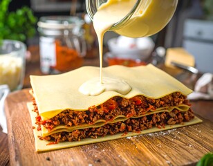 Layers of lasagna being topped with creamy sauce