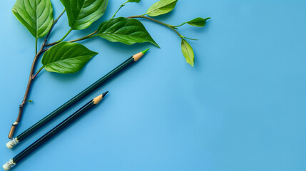 Organizer pencils twig of house plant on blue tabletop background. Creative minimalist flat lay knolling. Freelance small local business blogging social media concept