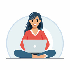Modern flat style vector illustration of a smiling woman sitting cross-legged with her laptop. Isolated graphic for remote work, e-learning, and freelance concepts