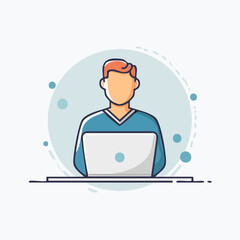 Minimalist flat line vector icon of a person working on a laptop. Simple geometric character illustration with a bold outline, isolated for business and technology concepts