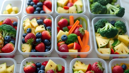 Neatly organized meal prep boxes filled with cut fruits and vegetables, perfect for vegan diets, fitness meal plans, and content focused on portion control and healthy living.