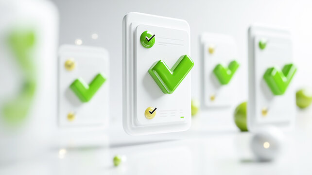 Three-dimensional checklist concept with oversized green checkmark icons and white cards. Survey research answer checklist