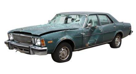 Damaged and wrecked car after accident isolated PNG with Transparent Background