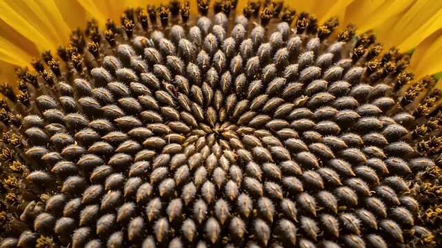 Close-up view of a sunflower's seed pattern showcasing intricate details and vibrant colors