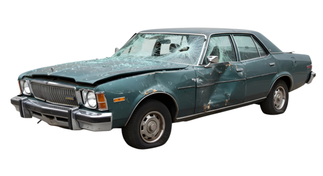 Damaged and wrecked car after accident isolated PNG with Transparent Background