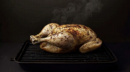Grilled chicken cooking process backyard barbecue food photography dark setting close-up view culinary art