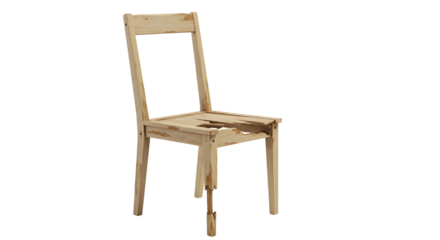 Damaged wooden chair with broken leg isolated PNG with Transparent Background