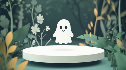 Playful ghost animation in a mystical forest setting digital art whimsical environment cheerful concept