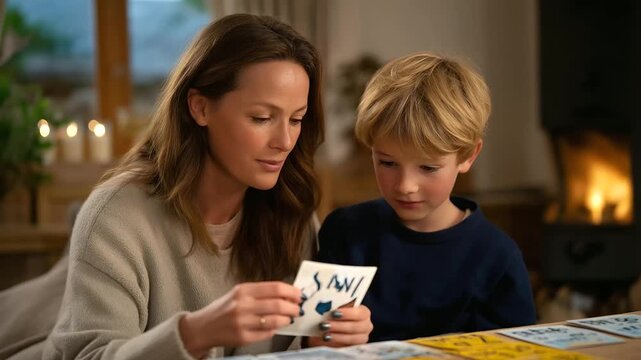 A 7 year old practices spelling words with a parent in a cozy living room with flashcards scattered a fireplace glowing and a clock ticking toward departure depicted in a