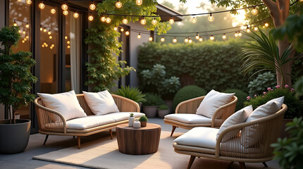 Obraz premium A modern outdoor patio with natural beige rattan lounge chairs, adorned with plush white cushions, and a small round coffee table made of dark brown wood . 