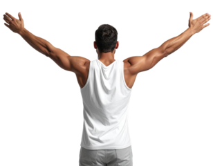 Devout Man in White Clothing Praying with Raised Hands, Back Perspective