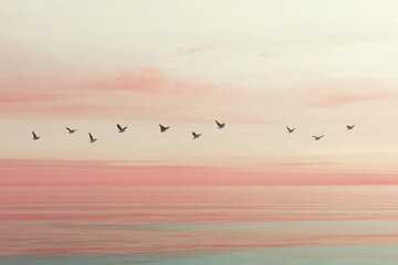 Birds in flight over serene ocean at sunset tranquil seascape photography peaceful atmosphere