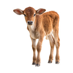 Adorable brown calf standing and looking at the camera isolated on transparent background