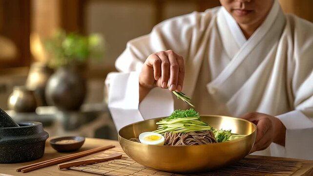 A chef in a traditional hanbok its fabric flowing arranges Pyeongyang Naengmyeon in a yugi brass bowl in a heritage kitchen its walls lined with clay pots. The bowl&rsquo;s polished