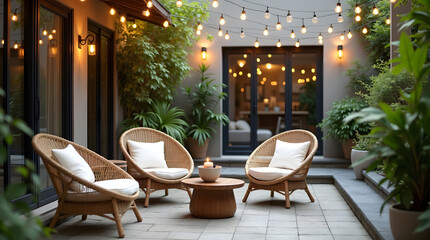 Fototapeta premium A modern outdoor patio with natural beige rattan lounge chairs, adorned with plush white cushions, and a small round coffee table made of dark brown wood . 