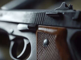 This image features a close-up of a gun, showcasing its details such as the barrel, grip, and trigger mechanism. It could be used in discussions about firearms, security measures, or related topics.