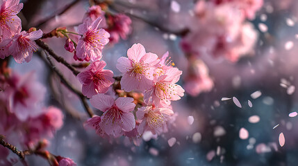 Cherry blossoms bloom as petals fall in spring. Image for design, editorial, backgrounds, websites, and spring or Asian marketing.