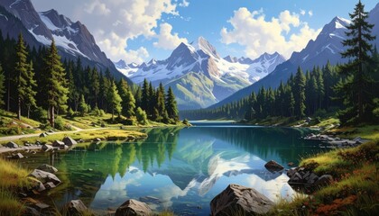 A serene mountain lake scene showcases a tranquil alpine landscape, reflecting the towering peaks and lush forests in its crystal-clear waters.