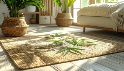 Obraz premium Woven hemp rug with shimmering leaf motifs, biophilic decor in a minimalist room, vibrant natural fibers, enchanted clarity, realistic
