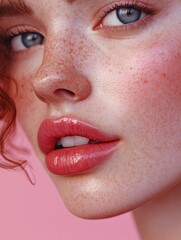 Naklejka premium Woman with vibrant pink lips, red hair and glowing skin, exuding confidence. American flag-inspired makeup trend.