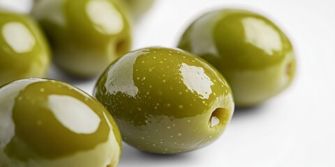 Crisp, glossy green olives on a plain white surface, highlighting their texture and color.