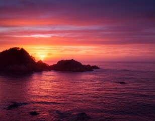 pink and orange sunrise over rocky island silhouette