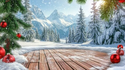 Winter wonderland scene with snowy mountains christmas decor outdoor landscape bright day festive atmosphere