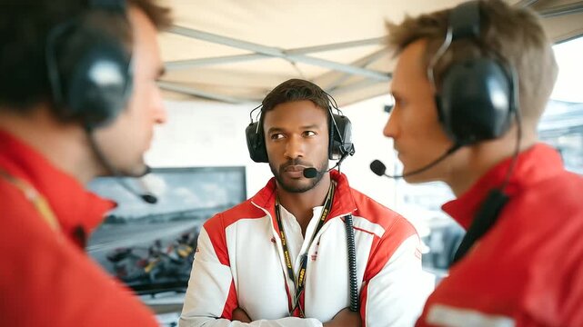 A crew chief briefs the team in a pit tent with a whiteboard marked headsets ready coffee cups cooling and a track visible through a flap presented in a strategic photo with