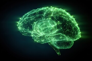 Digital illustration of a glowing green brain composed of interconnected lines and nodes, symbolizing mental health awareness and cognitive processes in a modern context