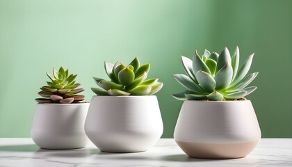 Three potted succulents sit against a green backdrop, showcasing their varied textures and forms.