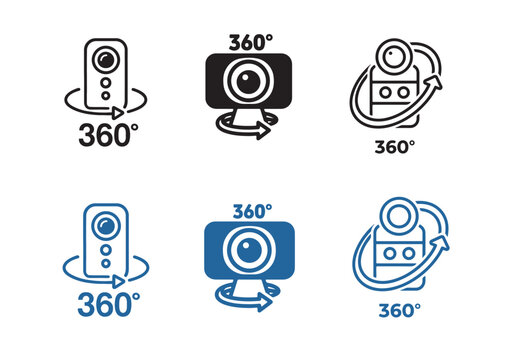 Flat vector illustration of 360 degree camera icons in black and blue style representing panoramic view, virtual reality, and video technology. 360 virtual tour icon 
