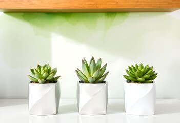 Three succulents in modern white geometric pots sit on a shelf against a light green wall.