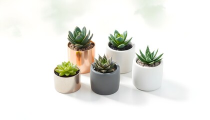 Obraz premium Five potted succulents arranged on a bright white background, showcasing their varied textures and colors.
