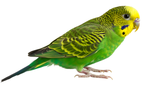 Green and yellow budgie bird looking to the right isolated PNG with Transparent Background