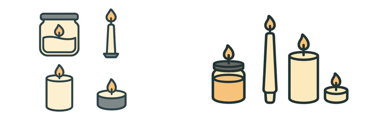 Set of lit candles including pillar, taper, jar, and tea light designs for festive occasions and home decor