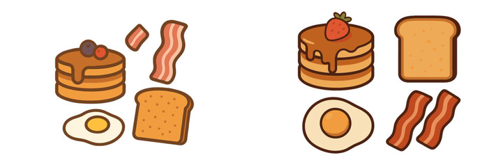 Delicious breakfast food items including pancakes with syrup, fresh berries, fried eggs, crispy bacon, and toasted bread slices