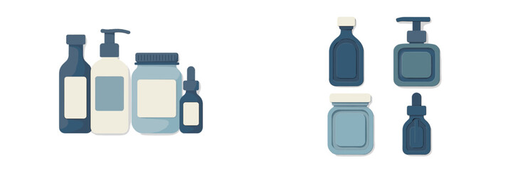 Collection of minimalist cosmetic and personal care product containers with blank labels for branding and design