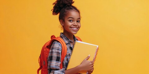 A cheerful young girl, possibly in middle school, holds a notebook and wears a backpack, ready for her day at the academy.