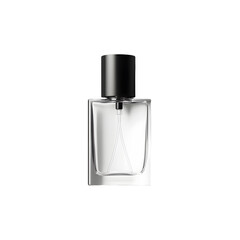 Elegant Transparent Spray Perfume Bottle with Black Cap on White Background