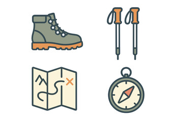 Collection of essential outdoor adventure equipment including a sturdy hiking boot, reliable trekking poles, a detailed navigation map, and a classic magnetic compass for exploration