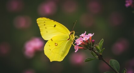 Yellow butterfly perched on a pink flower, in a natural setting